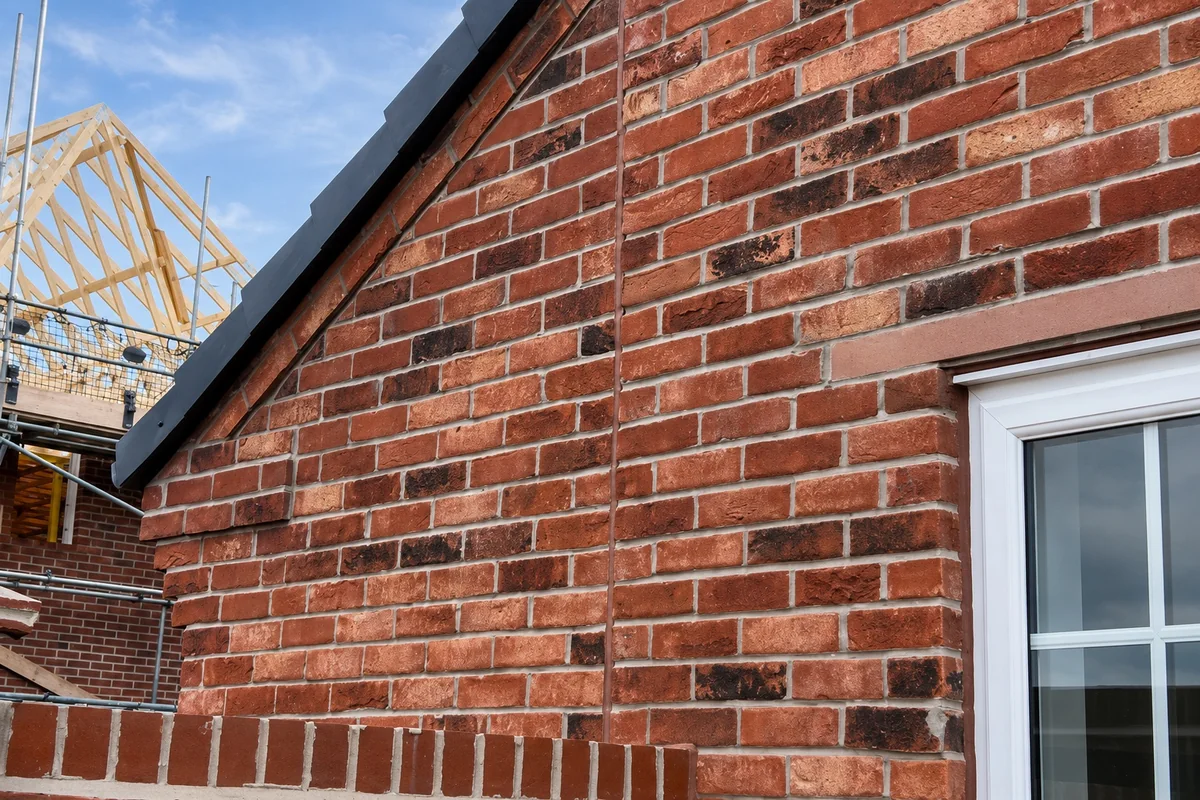 A completed red-brick gable wall by DM Smith Brickwork, with a slate-capped verge and clean mortar joints against a blue sky